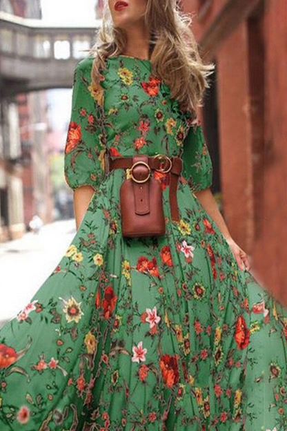 Vestidos casuales con estampado de cuello redondo y falda pastel (3 colores)