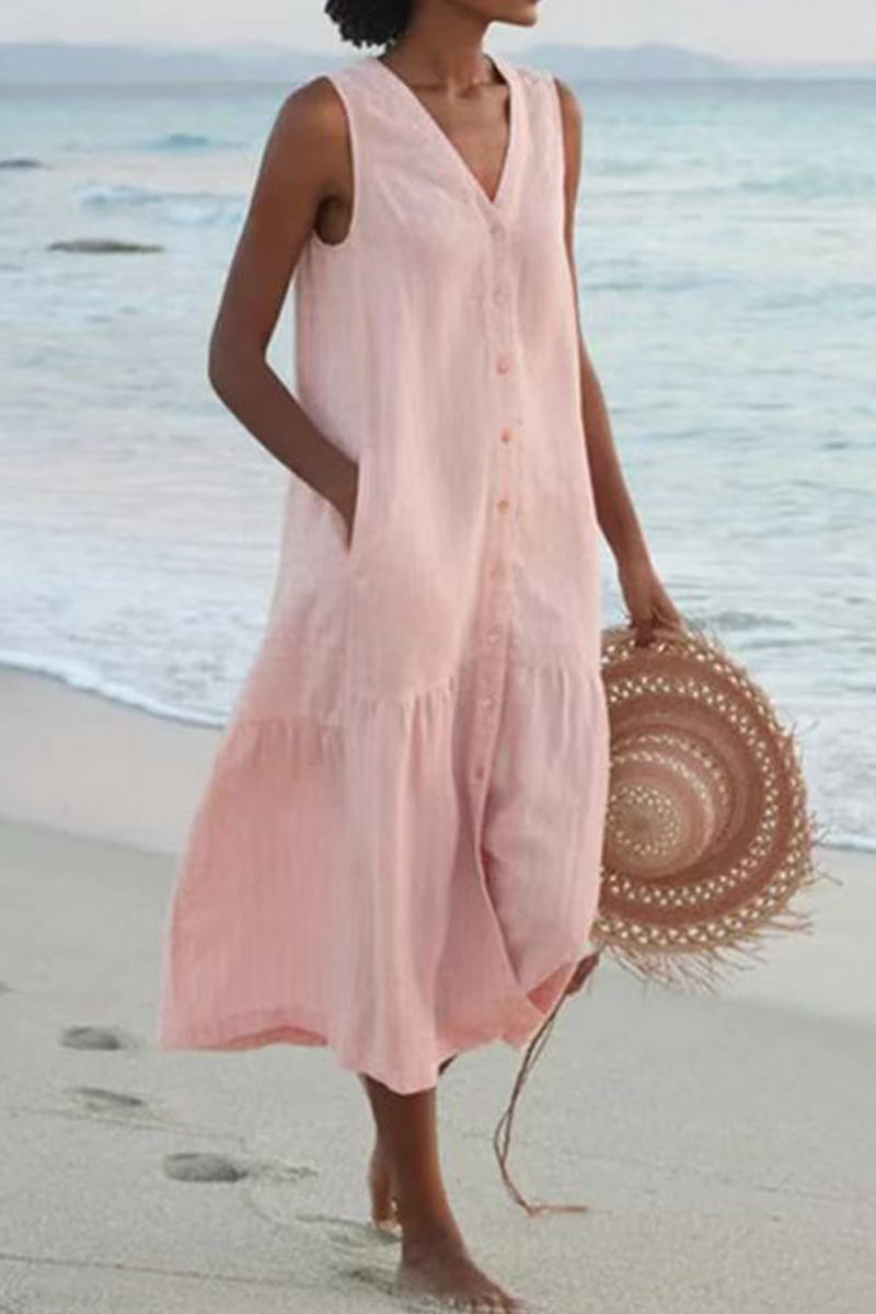 Vestidos casuales con falda pastel, cuello en V y hebilla sólida (7 colores)