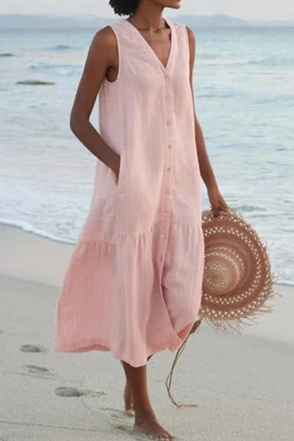 Vestidos casuales con falda pastel, cuello en V y hebilla sólida (7 colores)