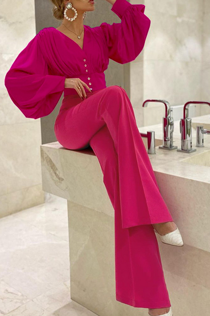 Conjunto de dos piezas de manga larga con cuello en V y parches sólidos a la moda