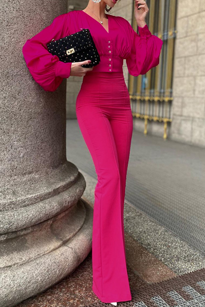 Conjunto de dos piezas de manga larga con cuello en V y parches sólidos a la moda