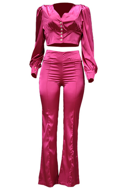 Conjunto de dos piezas de manga larga con cuello en V y parches sólidos a la moda