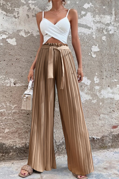 Pantalones de moda con pliegues sólidos, sueltos, de cintura media, con pierna ancha, de color liso (4 colores)