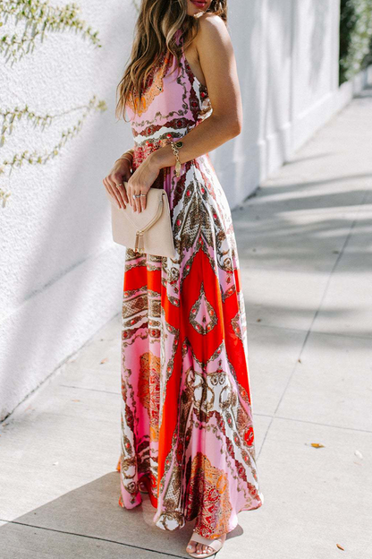 Vestidos de falda con cintura halter y patchwork con estampado de moda