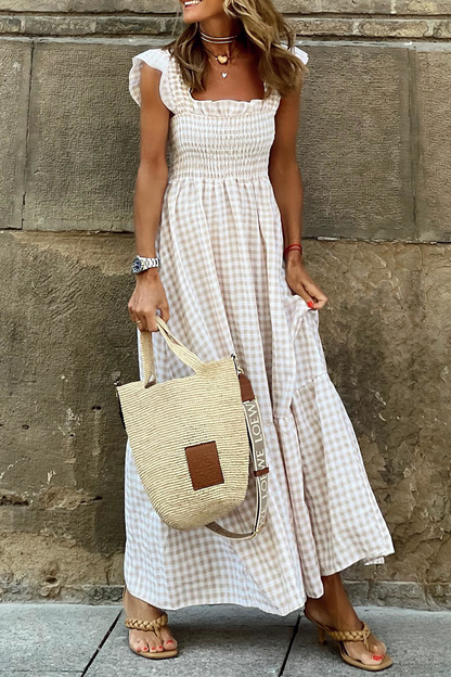 Vestidos de moda con cuello cuadrado y falda pastel de patchwork a cuadros (4 colores)