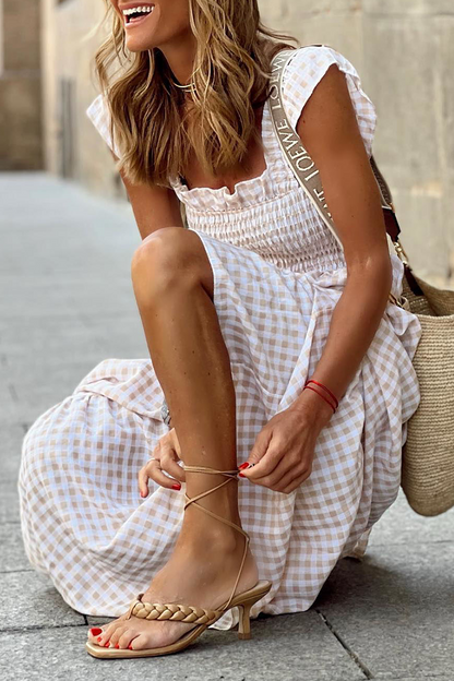 Vestidos de moda con cuello cuadrado y falda pastel de patchwork a cuadros (4 colores)