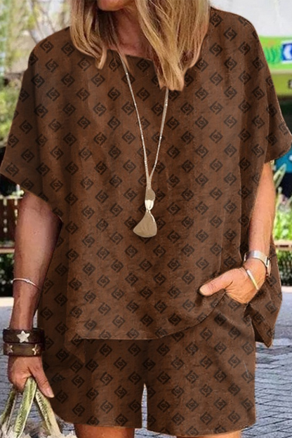 Conjunto de dos piezas con cuello redondo, manga corta y estampado informal (6 colores)