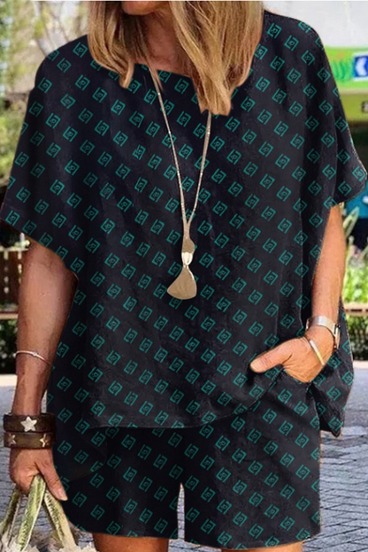 Conjunto de dos piezas con cuello redondo, manga corta y estampado informal (6 colores)