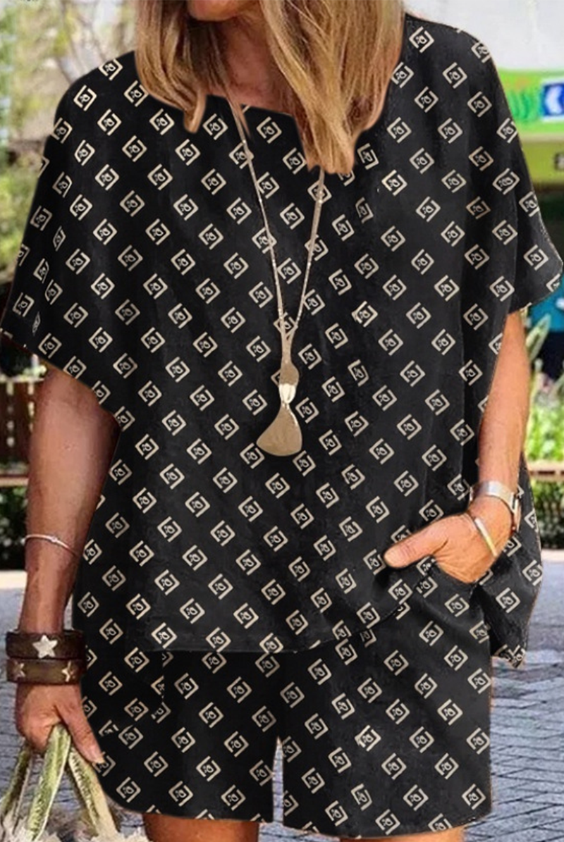 Conjunto de dos piezas con cuello redondo, manga corta y estampado informal (6 colores)