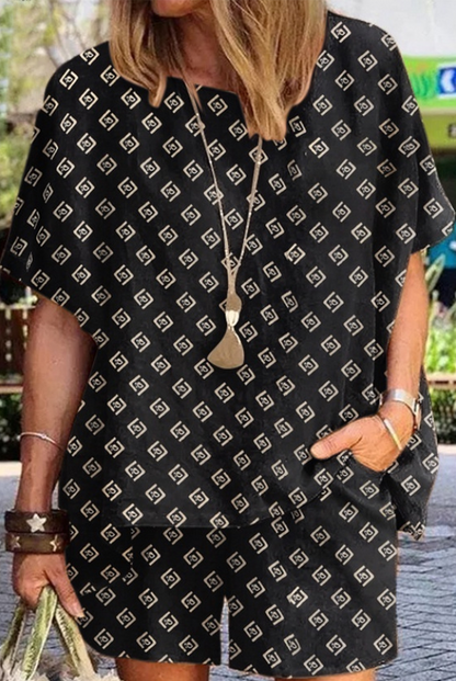 Conjunto de dos piezas con cuello redondo, manga corta y estampado informal (6 colores)