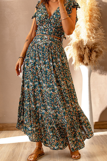 Conjunto de dos piezas sin mangas con cuello en V y volantes con estampado informal (3 colores)