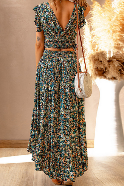 Conjunto de dos piezas sin mangas con cuello en V y volantes con estampado informal (3 colores)