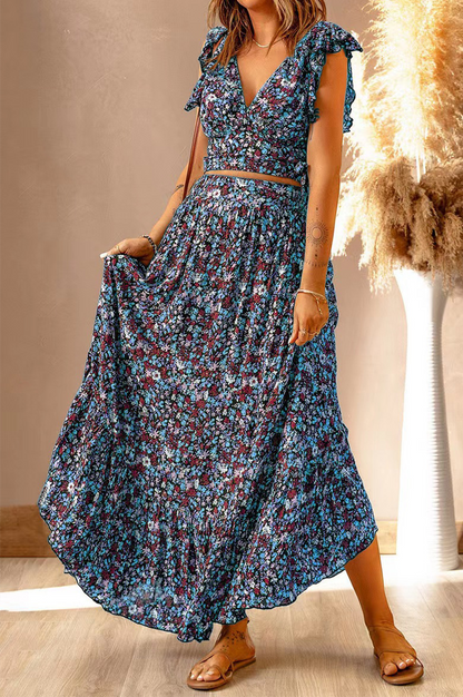 Conjunto de dos piezas sin mangas con cuello en V y volantes con estampado informal (3 colores)