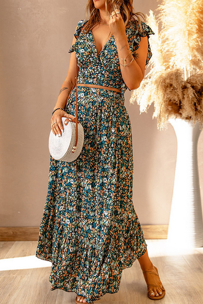 Conjunto de dos piezas sin mangas con cuello en V y volantes con estampado informal (3 colores)