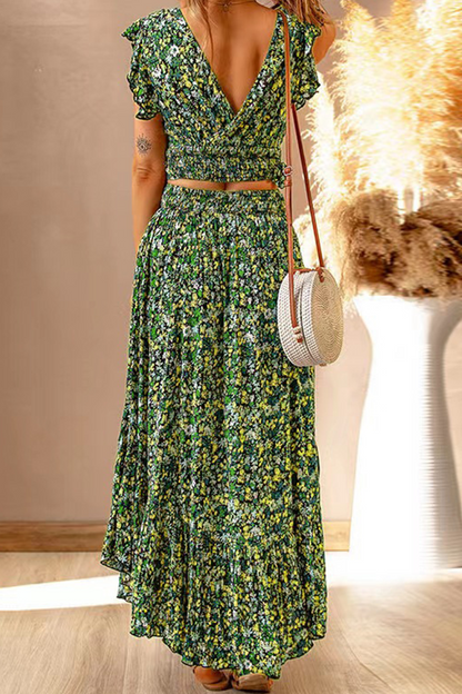 Conjunto de dos piezas sin mangas con cuello en V y volantes con estampado informal (3 colores)