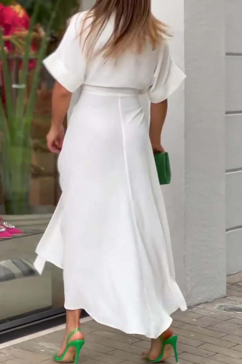 Vestido camisero informal de cuello vuelto con parches lisos (4 colores)