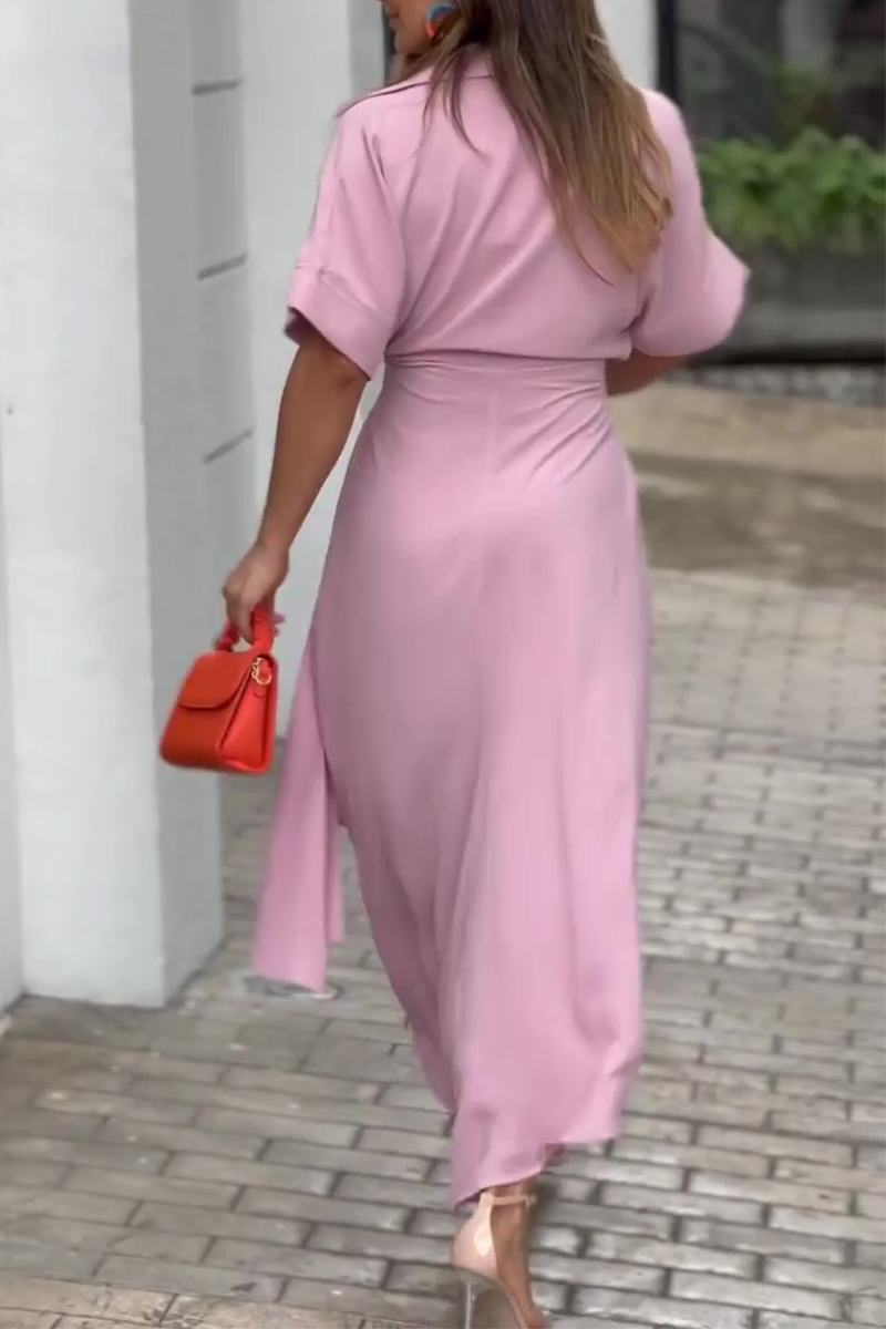 Vestido camisero informal de cuello vuelto con parches lisos (4 colores)