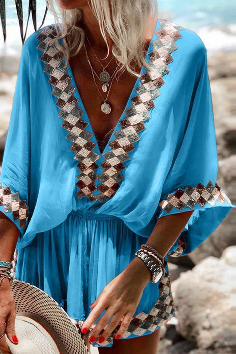 Monos casuales rectos con cuello en V y parches sólidos (4 colores)