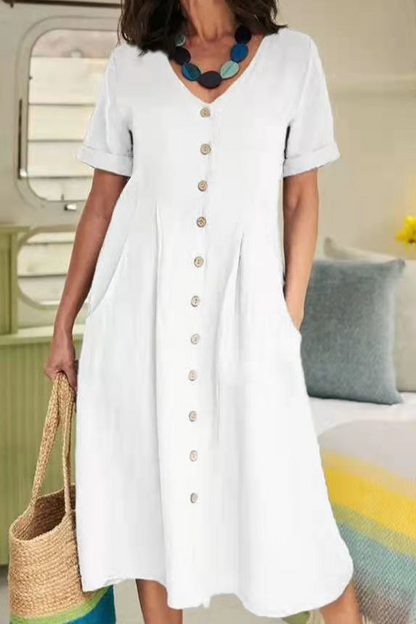 Vestidos casuales rectos con escote en V y hebilla sólida (5 colores)