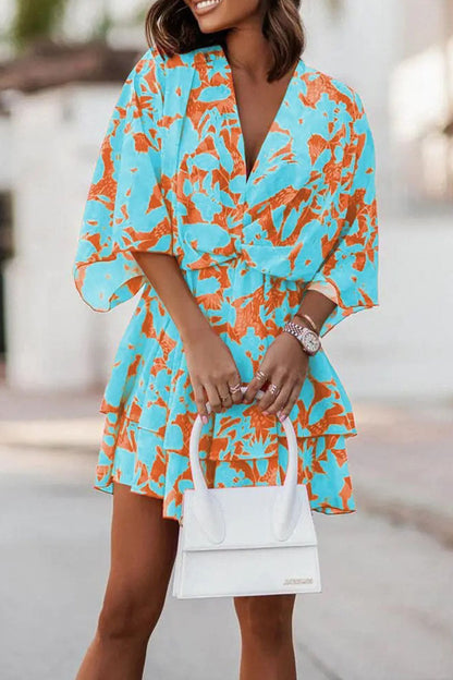 Casual Print Patchwork V Neck Dresses(5 Colors)