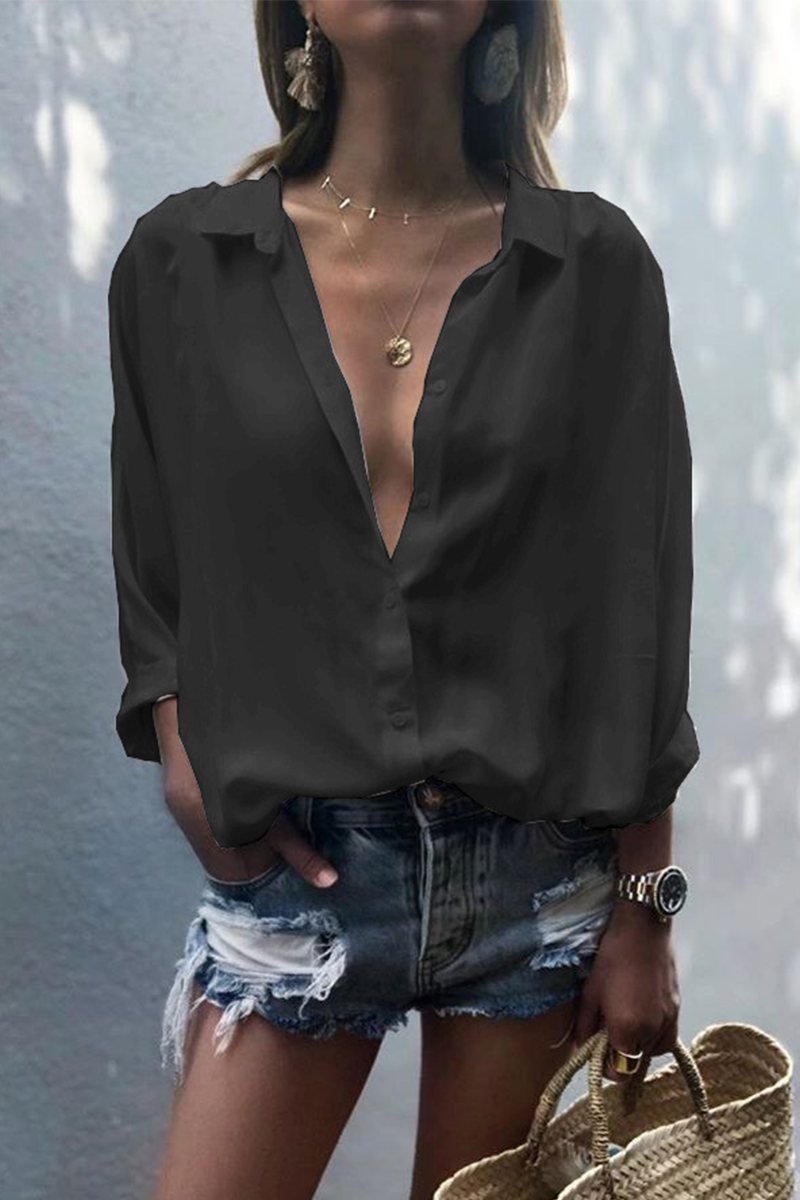 Tops casuales de cuello vuelto con parches sólidos (8 colores)