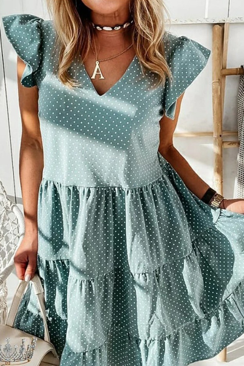 Vestidos casuales con volantes de lunares y cuello en V (3 colores)