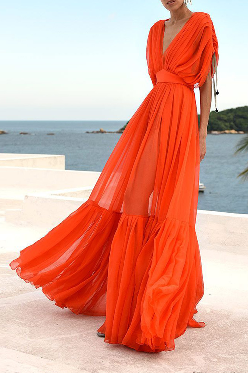 Vestido de malla sólida con cuello en V y malla de moda