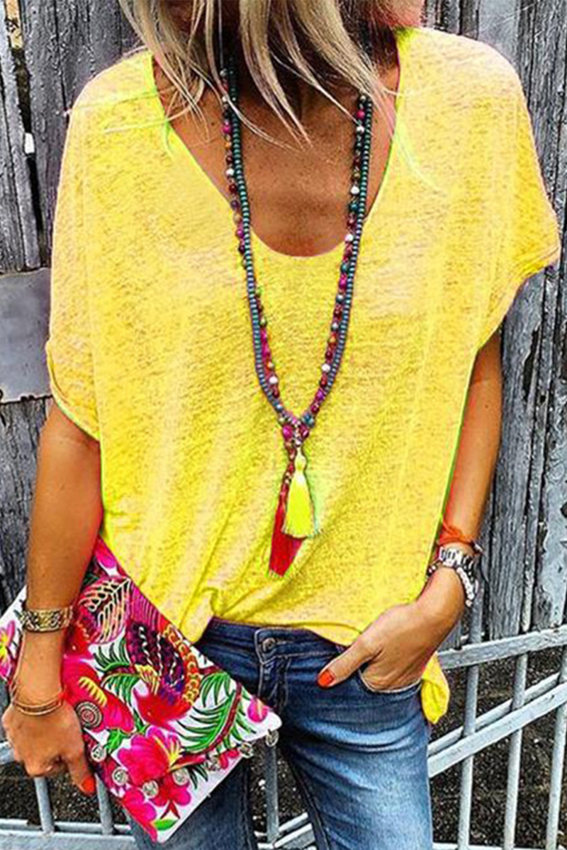 Camisetas casuales de cuello en V con parches lisos (6 colores)