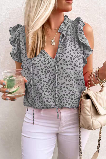 Camisetas casuales con cuello en V y volante de leopardo (3 colores)