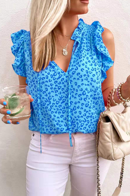 Camisetas casuales con cuello en V y volante de leopardo (3 colores)