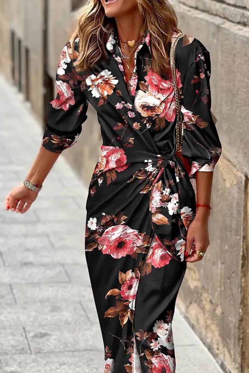 Vestidos casuales con falda y cuello vuelto, estampados de patchwork (7 colores)