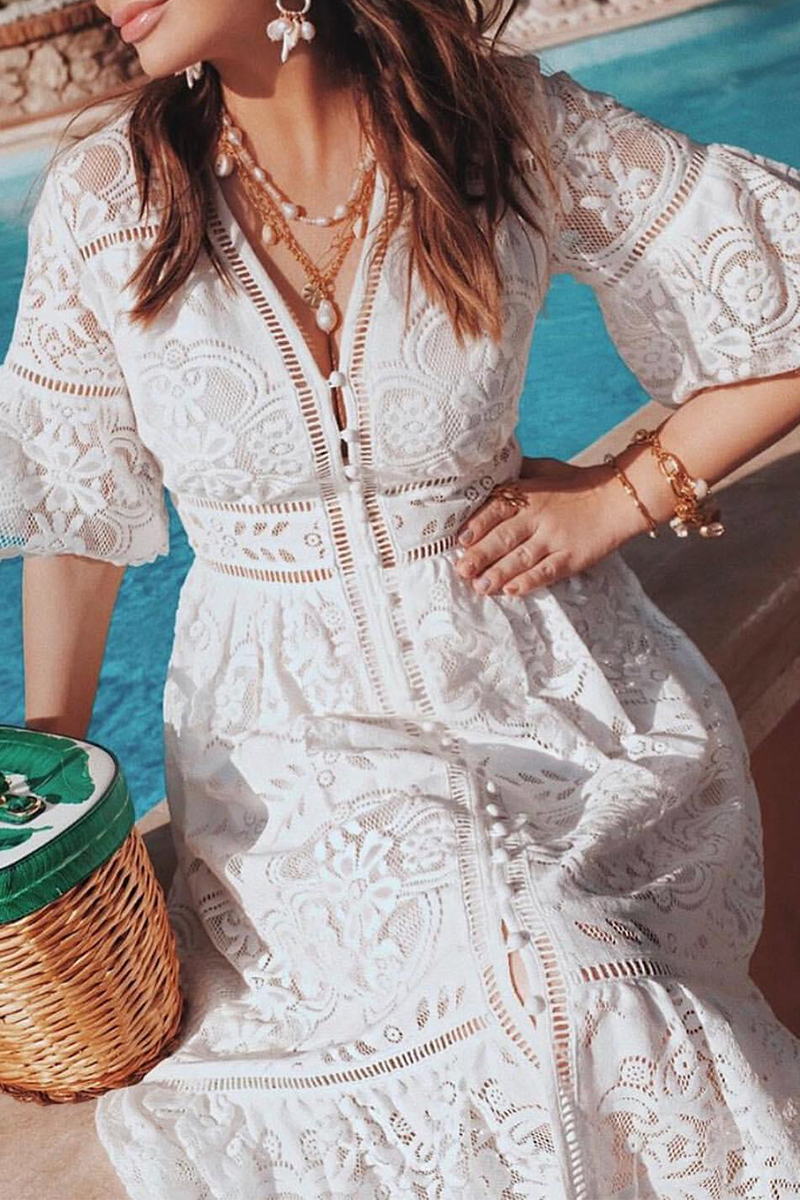 Vestido informal de encaje liso con escote en V (3 colores)