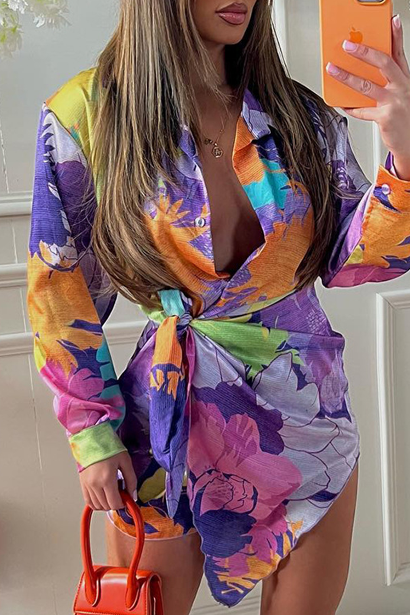 Vestido camisero informal con cuello vuelto y estampado de patchwork (5 colores)