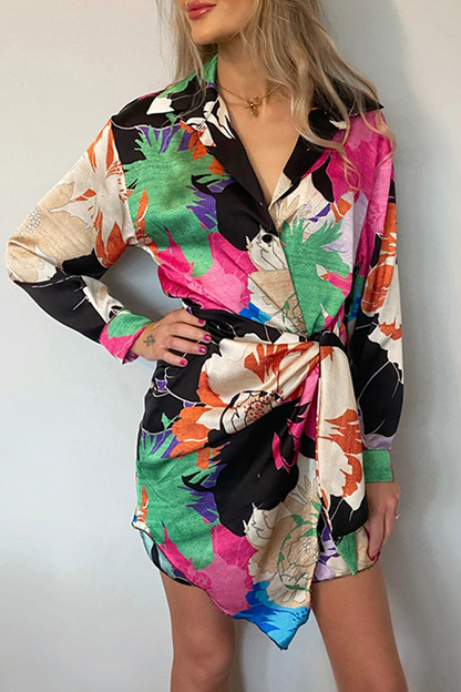 Vestido camisero informal con cuello vuelto y estampado de patchwork (5 colores)