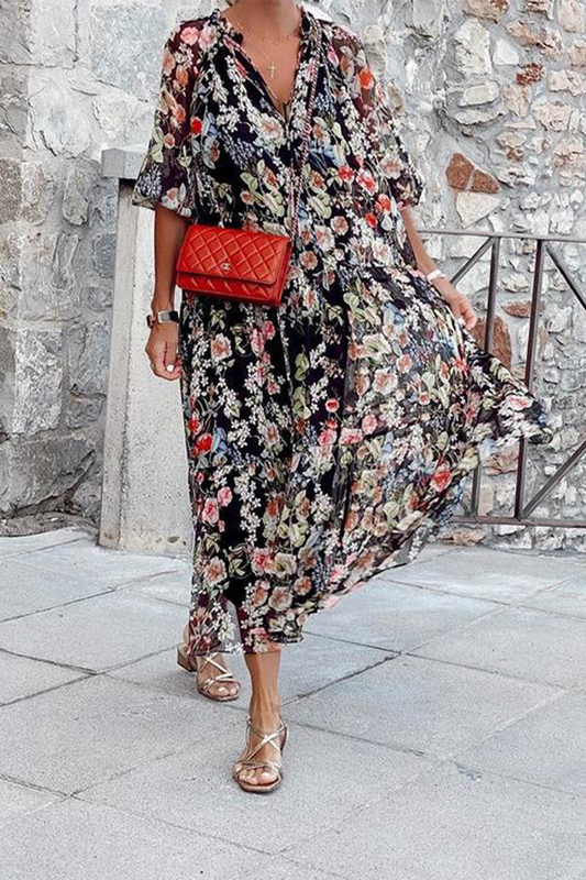 Vestidos casuales con estampado de patchwork, cuello en V y falda pastel