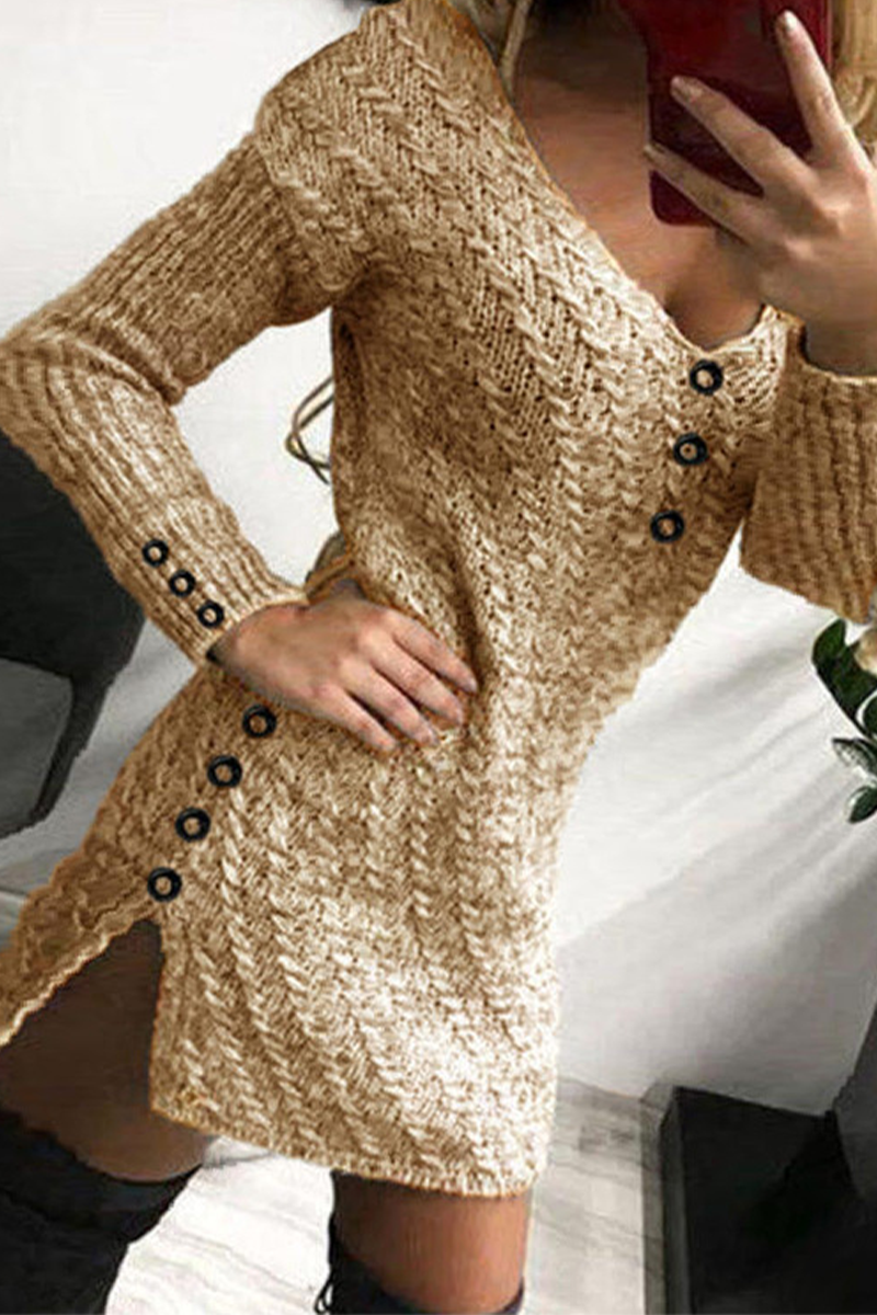 Vestidos casuales con falda lápiz y cuello en V y hebilla de patchwork (3 colores)