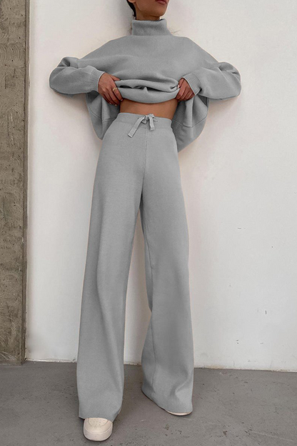 Conjunto informal de dos piezas con cuello alto y manga larga de patchwork liso (3 colores)