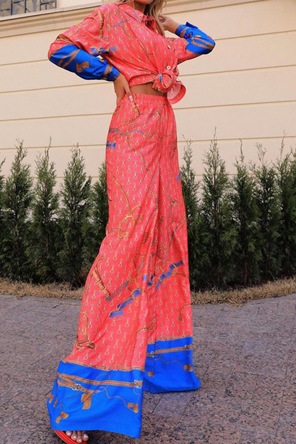 Conjunto de dos piezas con cuello vuelto, manga larga y estampado casual de patchwork