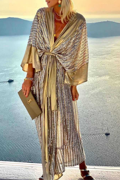 Vestidos casuales con falda y escote en V y lentejuelas de patchwork (3 colores)