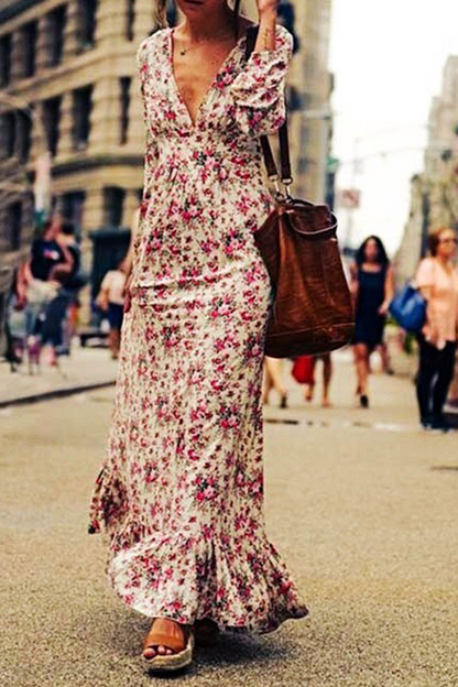 Vestidos de sirena trompeta con cuello en V y patchwork con estampado de moda