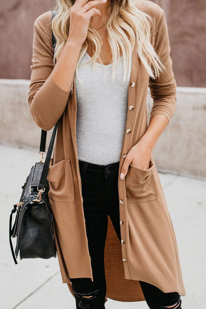 Prenda exterior informal de cuello tipo cárdigan con parches lisos (8 colores)