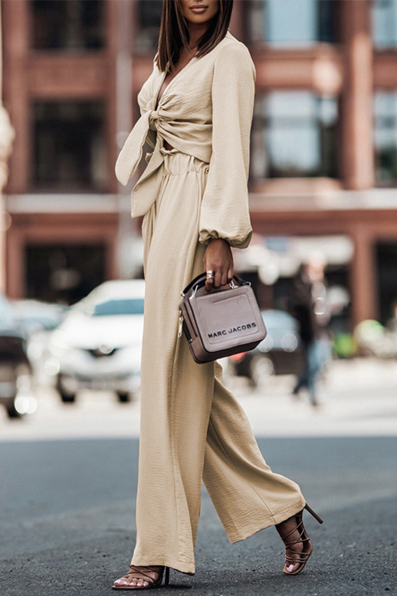 Conjunto de dos piezas con escote en V, manga larga y vendaje liso (6 colores)