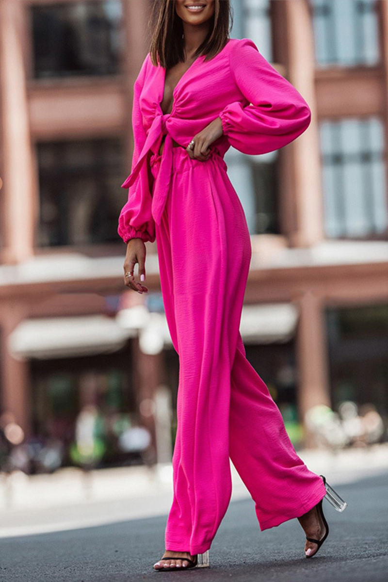 Conjunto de dos piezas con escote en V, manga larga y vendaje liso (6 colores)