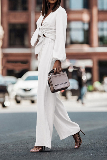 Conjunto de dos piezas con escote en V, manga larga y vendaje liso (6 colores)