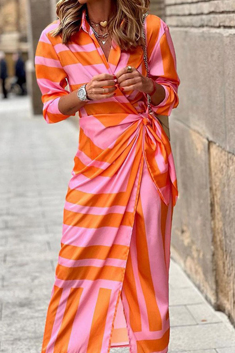 Vestidos rectos informales con cuello vuelto, estampados de patchwork y vendaje (6 colores)