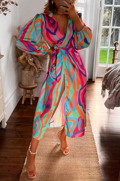 Vestidos rectos informales con cuello vuelto, estampados de patchwork y vendaje (6 colores)