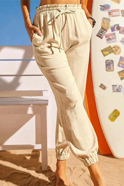 Pantalones casuales de color liso con frenillo regular tipo farol (8 colores)