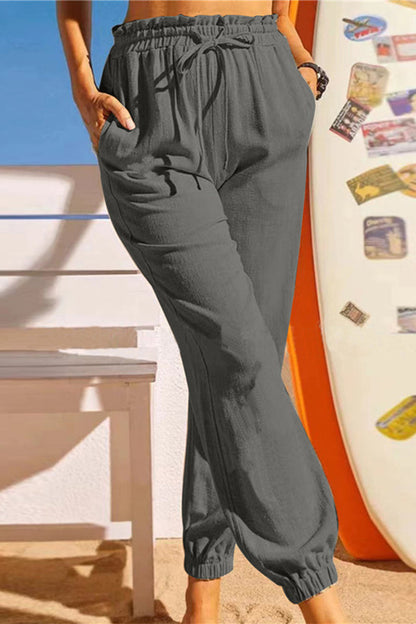 Pantalones casuales de color liso con frenillo regular tipo farol (8 colores)