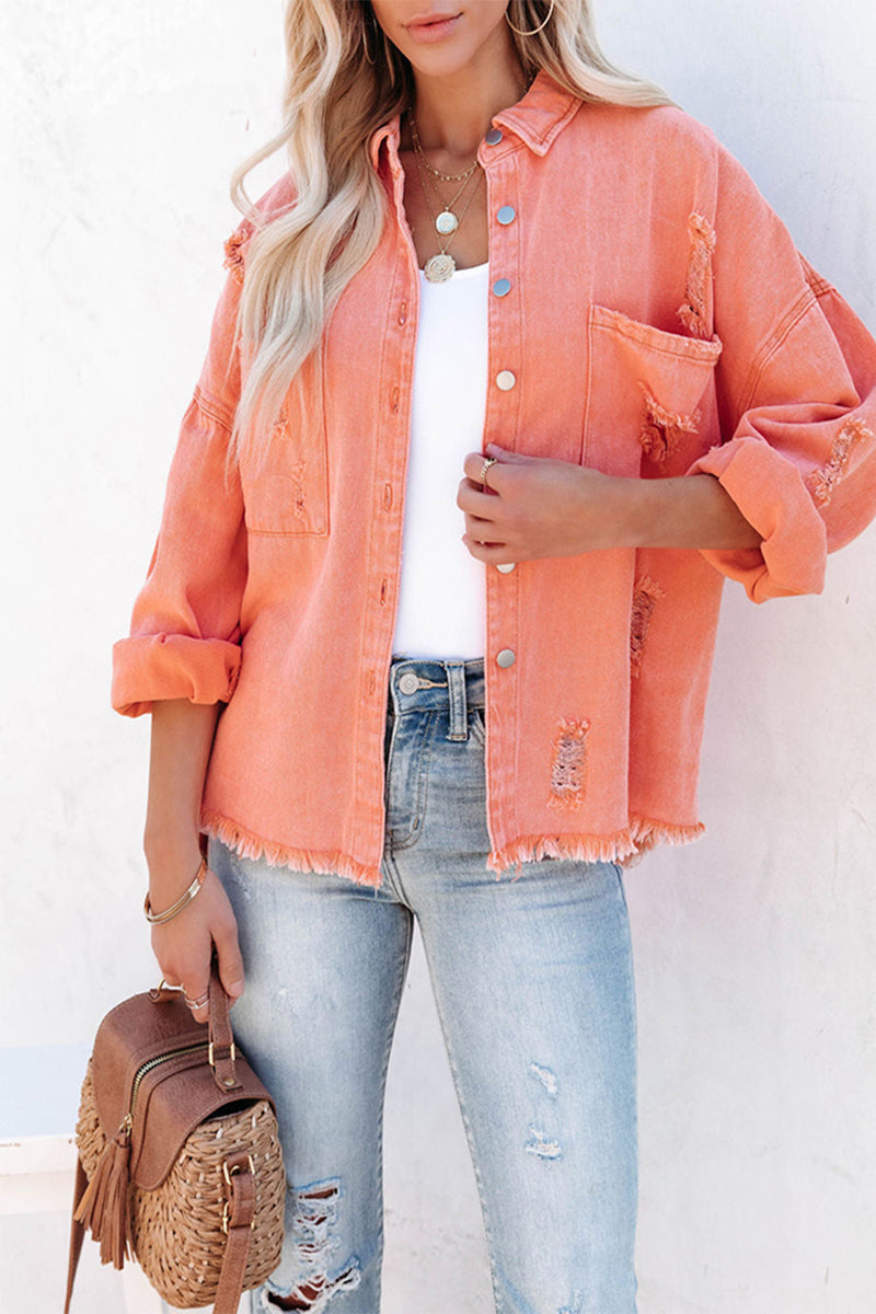 Chaqueta vaquera holgada de manga larga con cuello vuelto, rasgada y lisa (5 colores)