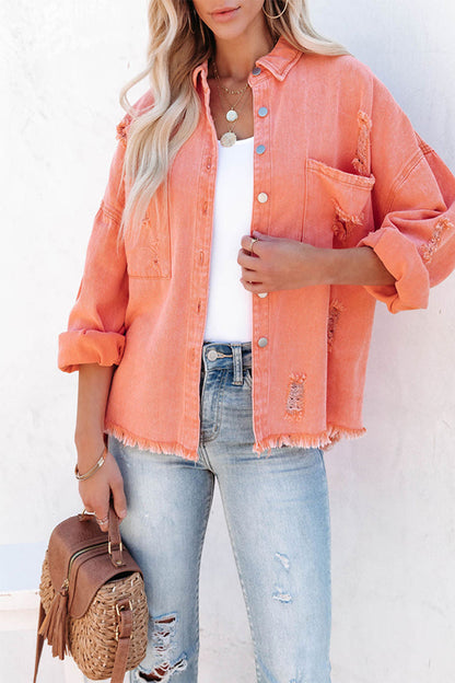 Chaqueta vaquera holgada de manga larga con cuello vuelto, rasgada y lisa (5 colores)